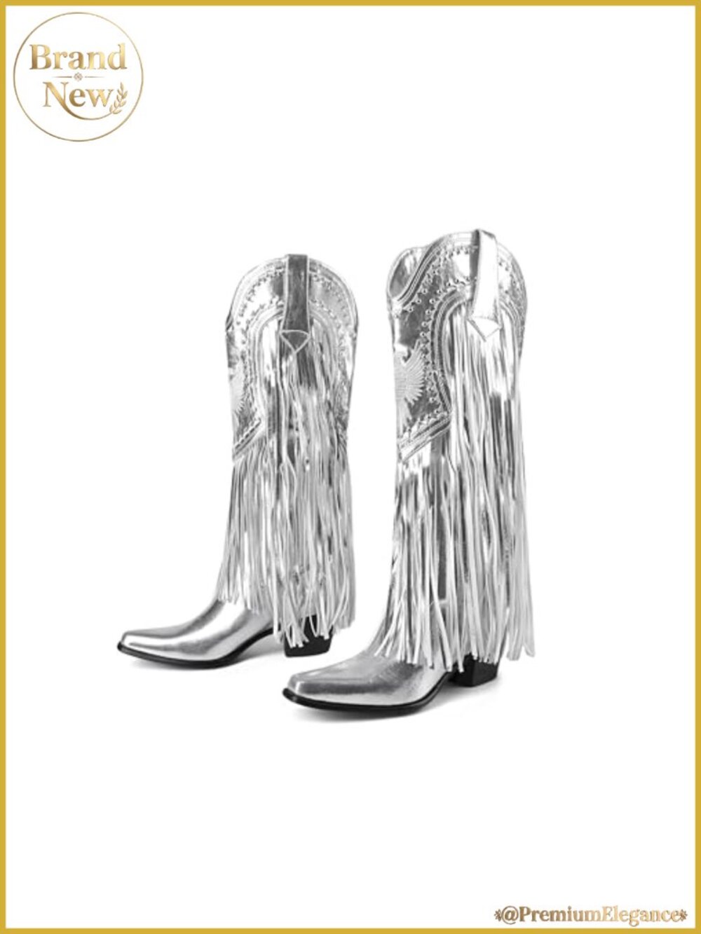 Faux Leather Silver Fringe Studded Western Cowboy Boots Square Toe Chunky Heels